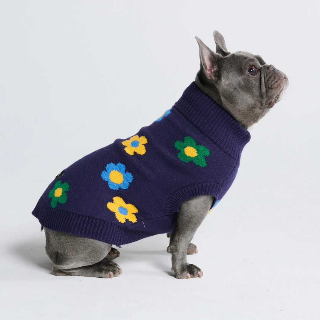 編み犬用セーター - 青緑黄色の花 - Image 4